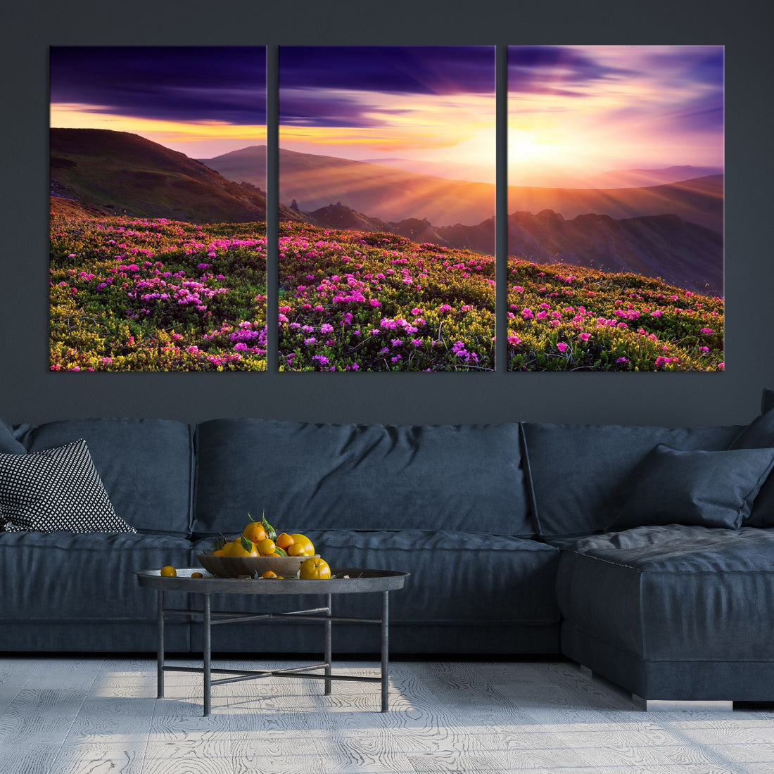 Alluring Spring Mountain with Flowers Sunset Landscape Canvas Wall Art Print