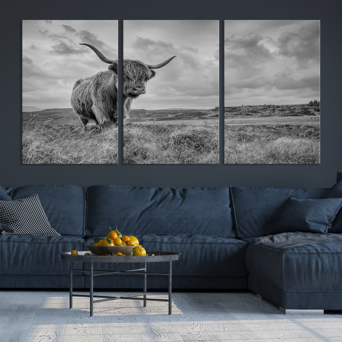 Grayscale Highland Cow Canvas Art Print Extra Large Animal Picture Print on Canvas