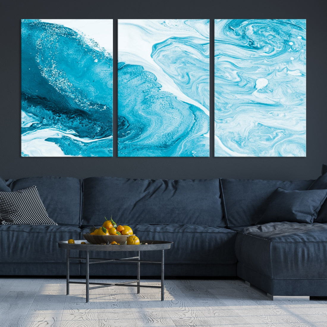 Bright Blue Abstract Painting on Canvas Large Marble Art Print