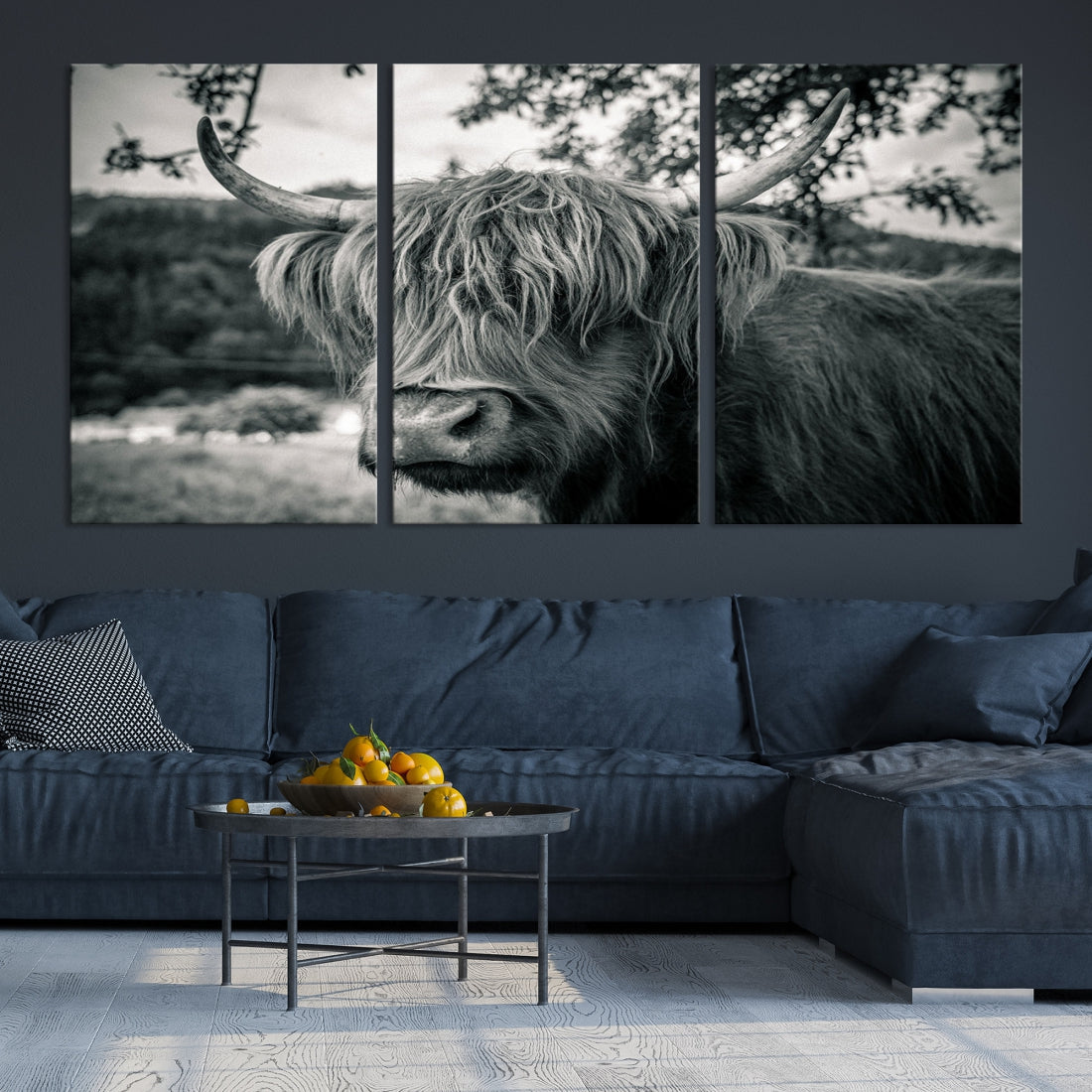 Beautiful Highland Cow Wall Art Large Canvas Print Black and White Wall Decor