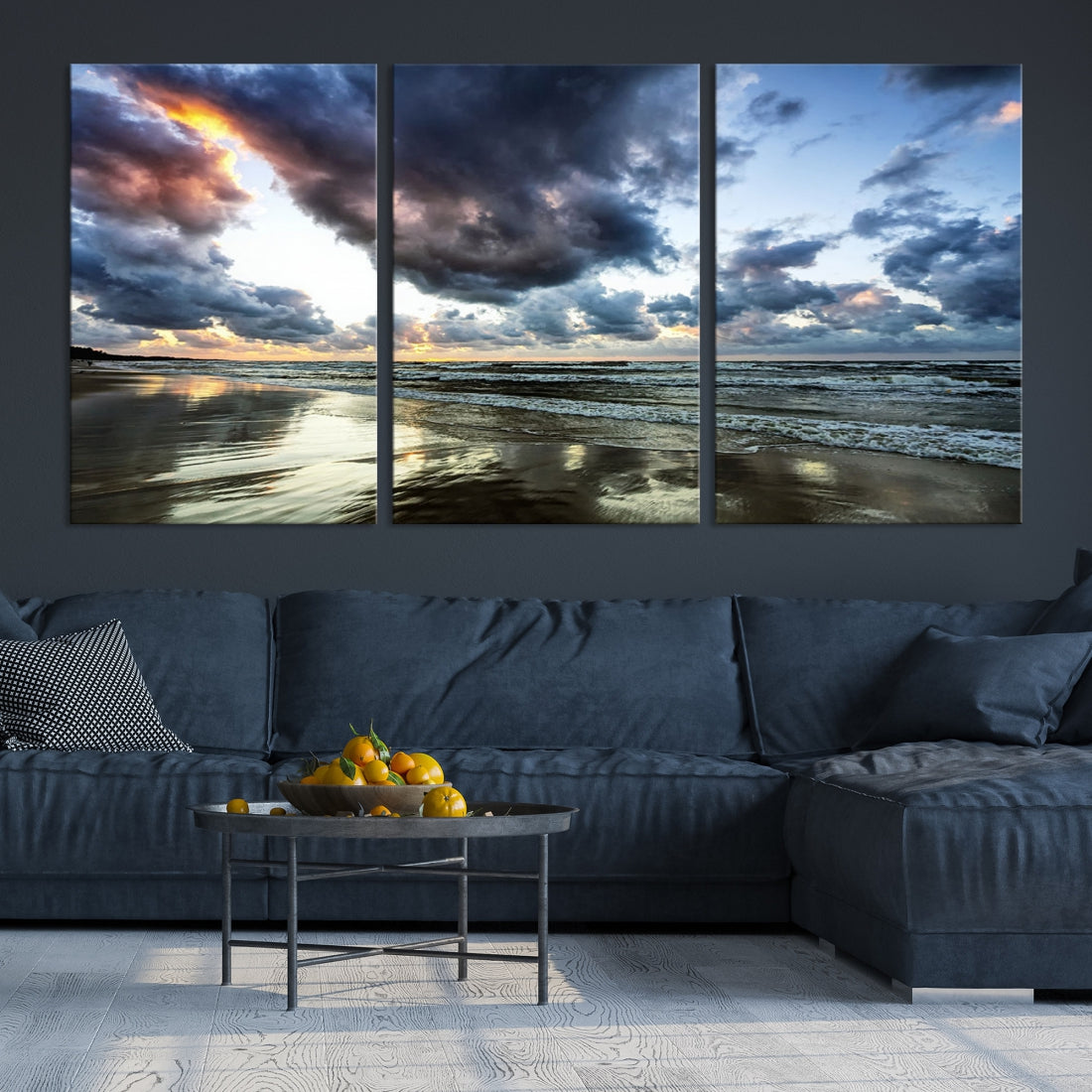 Cloudy Sky Calm Ocean Beach Nature Large Framed Canvas Art Print