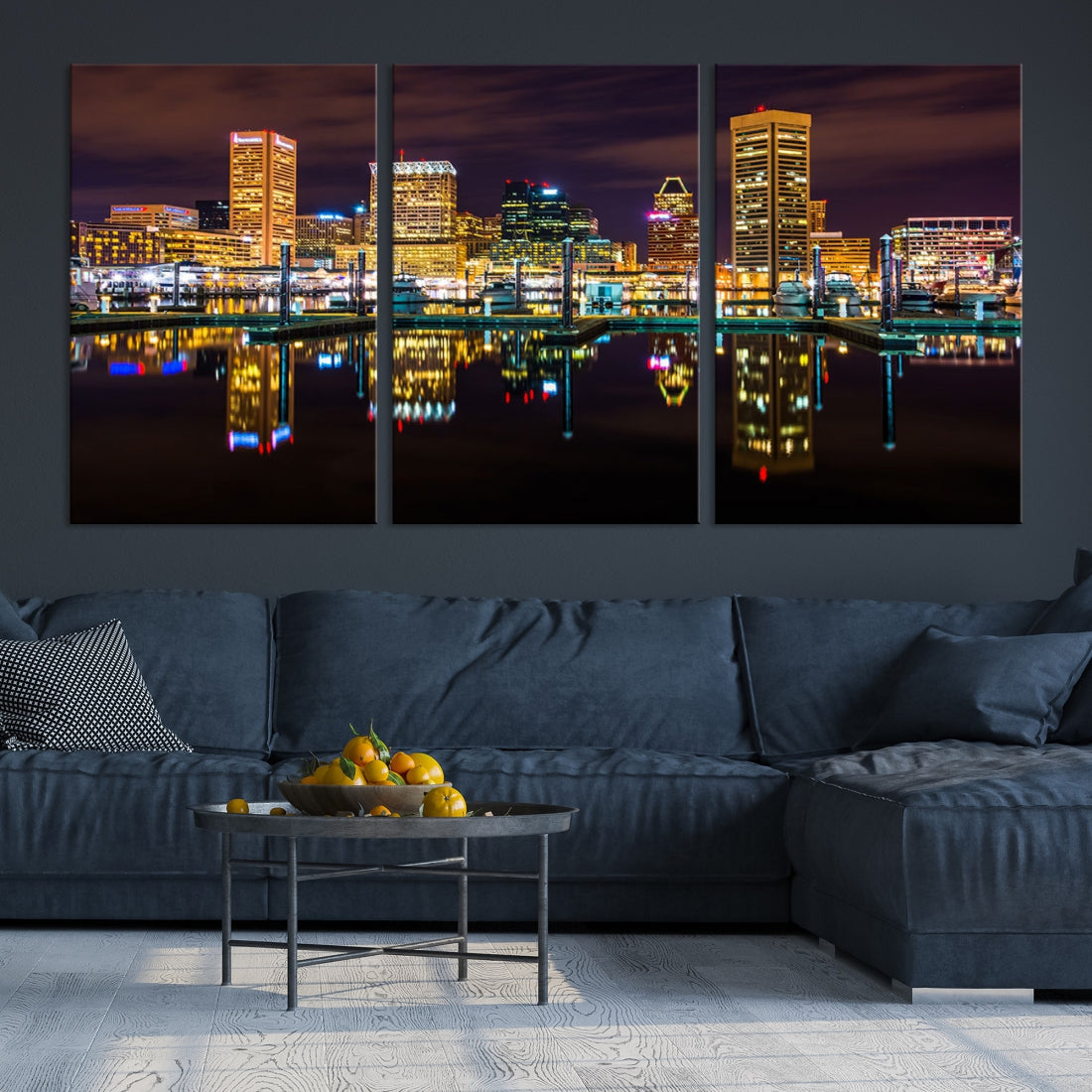 Baltimore City Night Skyline Purple Cityscape Large Wall Art Canvas Print