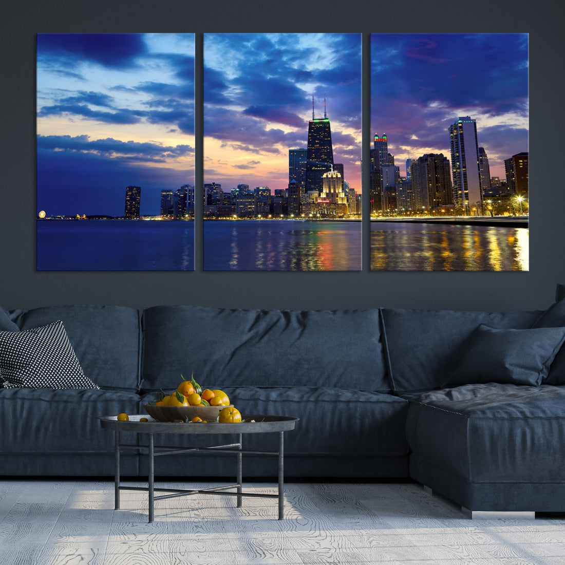 Blue Chicago Night Skyline Downtown Cityscape Large Wall Art Canvas Print