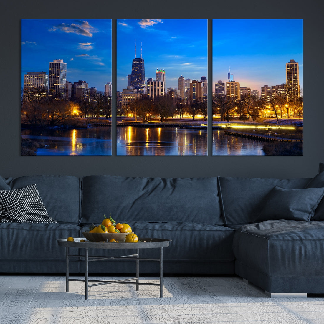 Large Chicago Skyline Wall Art Night Cityscape Canvas Print Home Decor