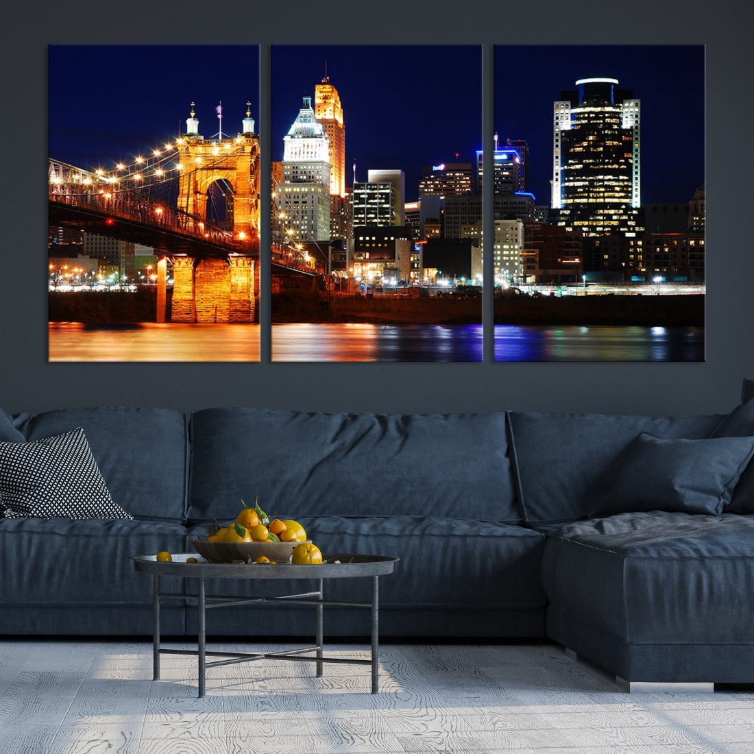 Cincinnati Bright Lights Night Skyline Canvas Wall Art Framed Print