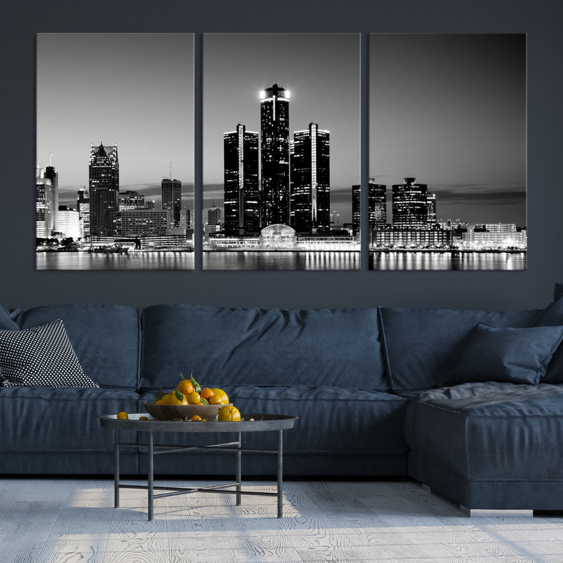 Extra Large Detroit Skyline Black and White Cityscape Wall Art Canvas Print