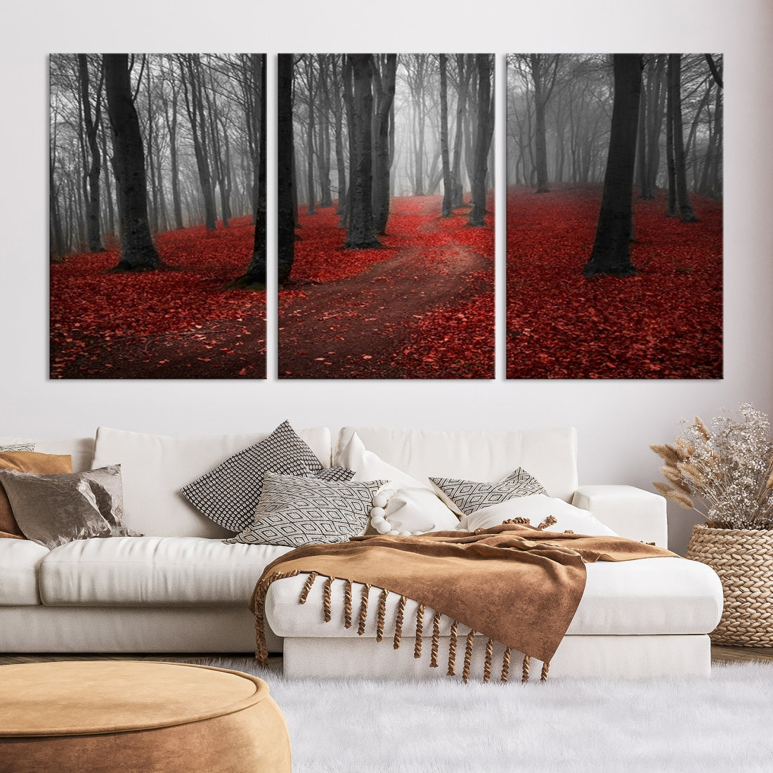 Wonderful Forest with Red Leaves on Ground Large Wall Art Landscape Canvas Print