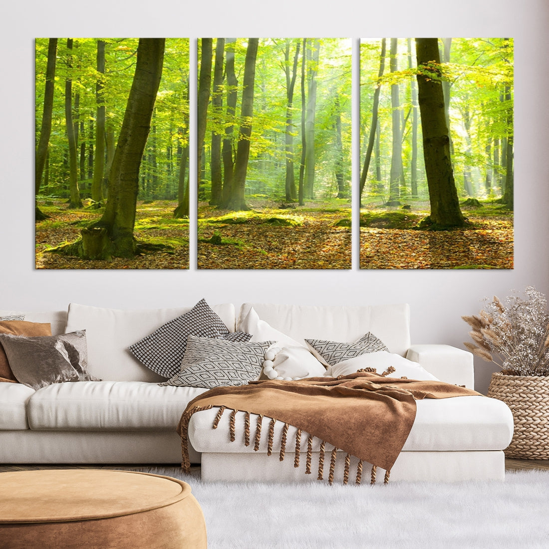 Sunshine in Green Forest Large Tree Wall Art Landscape Canvas Print