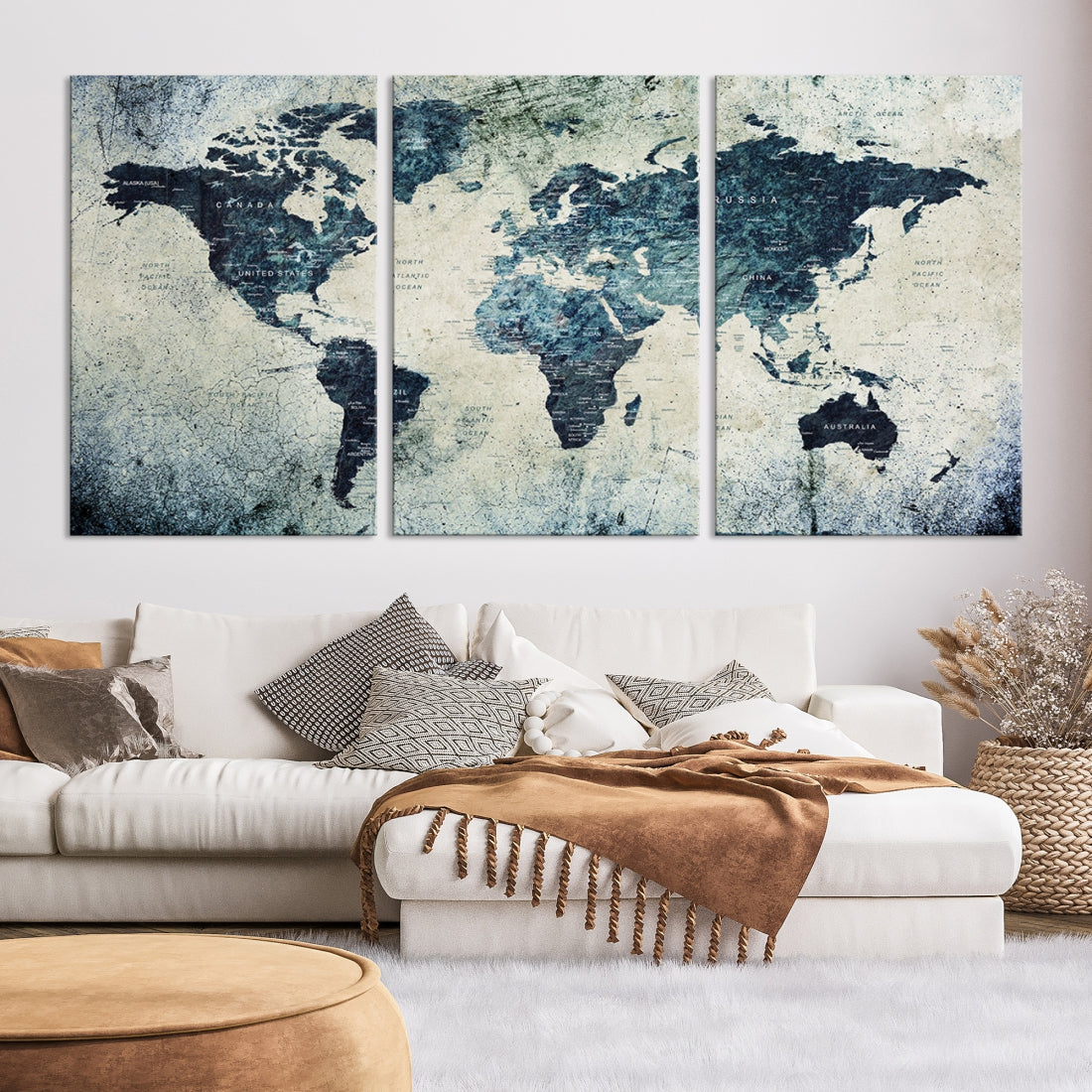 Extra Large World Map Wall Art Watercolor Painting on Canvas Print Grunge Vintage Decor