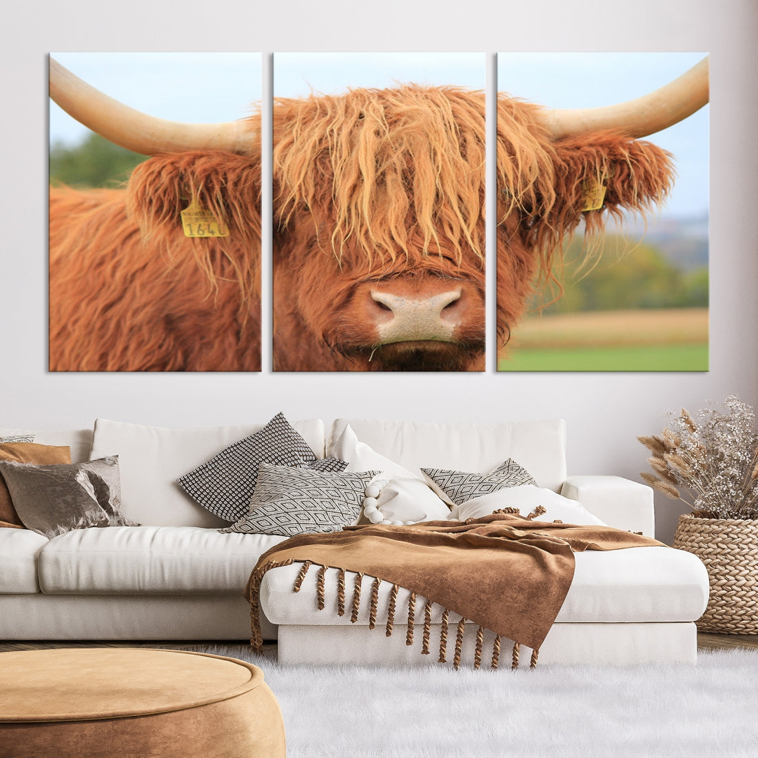 Highland Cow Close-up Canvas Wall Art Print Multi Panel Extra Large Canvas Set Framed Ready to Hang Artwork