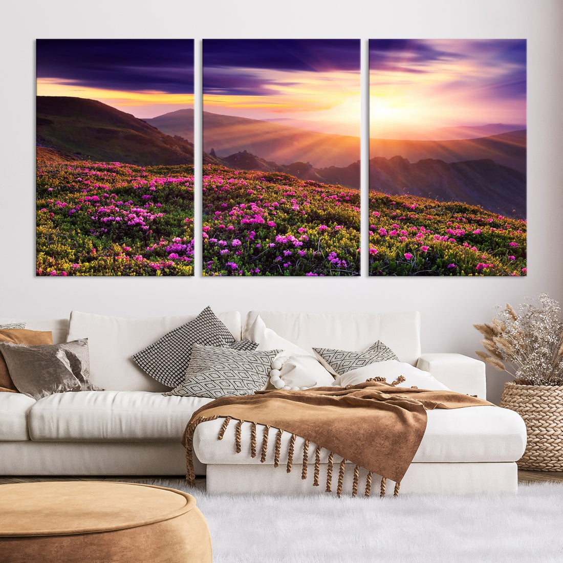 Alluring Spring Mountain with Flowers Sunset Landscape Canvas Wall Art Print