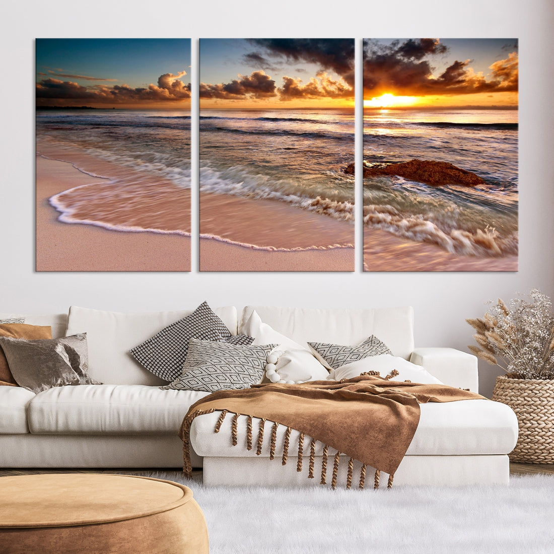 Breathtaking Sunset and Calm Beach Waves Canvas Wall Art Print