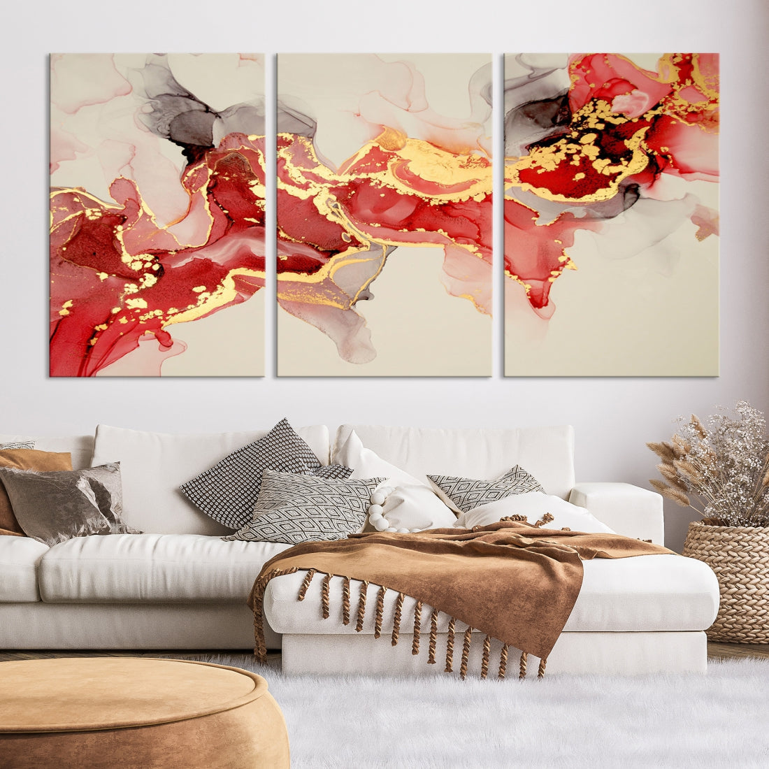 Contemporary Red Gold Abstract Painting on Canvas Print Framed Wall Decor