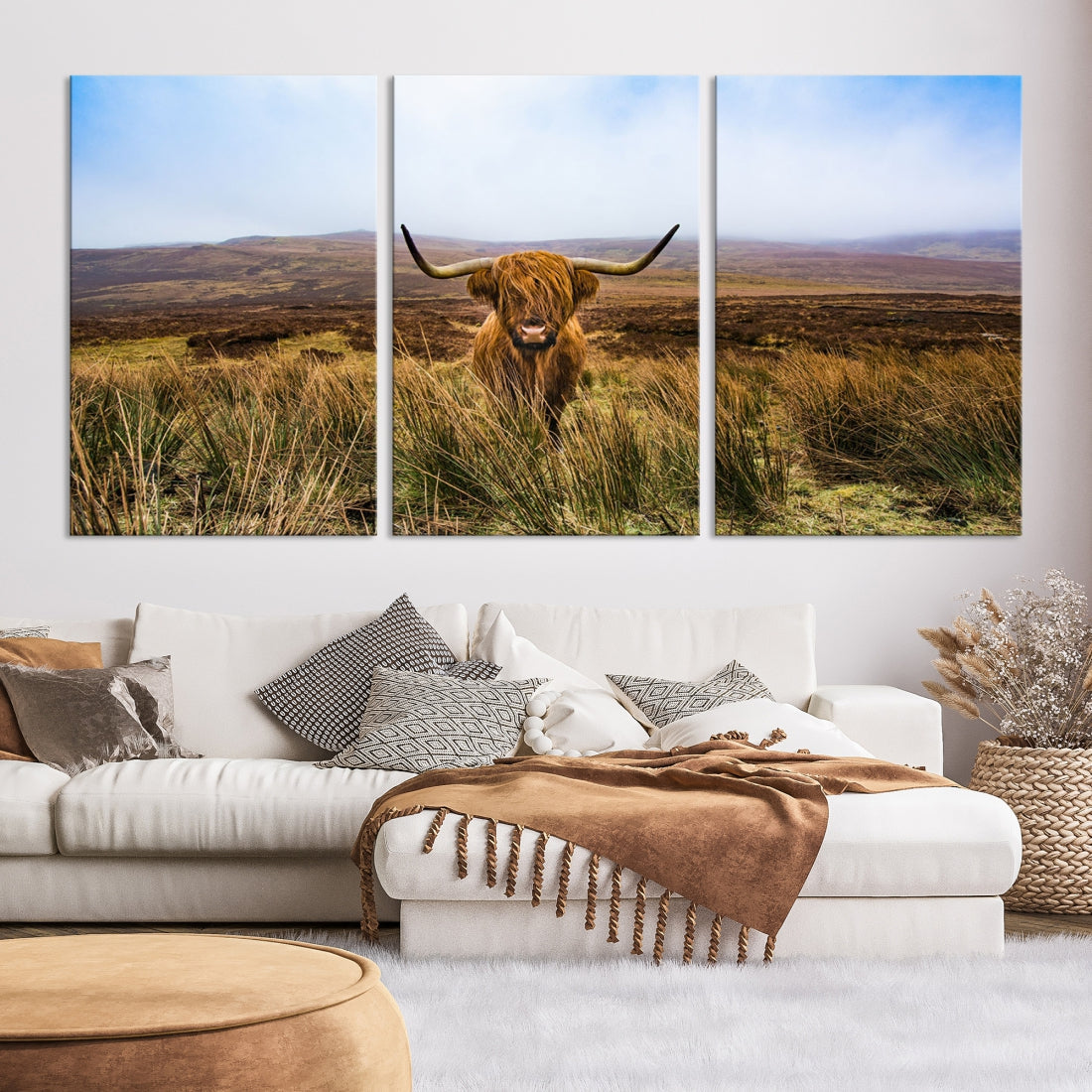 Highland Cow with Beautiful Landscape Canvas Wall Art Print Large Animal Art Print Farmhouse Ranch Farm Decor Cute Animals Cow Print Framed Ready to Hang Original Canvas Artwork