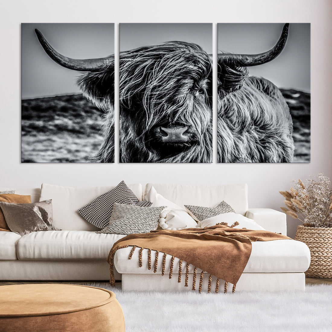Black and White Extra Large Cow Wall Art Scottish Cattle Animal Canvas Print
