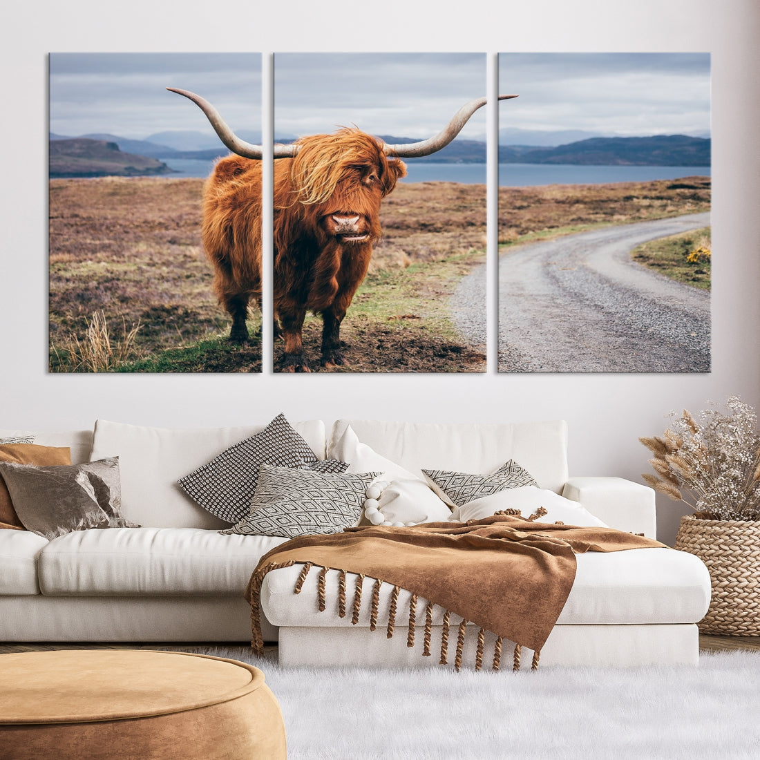 Highland Cow with Big Horn Canvas Wall Art Animal Photo Print Wall Decor