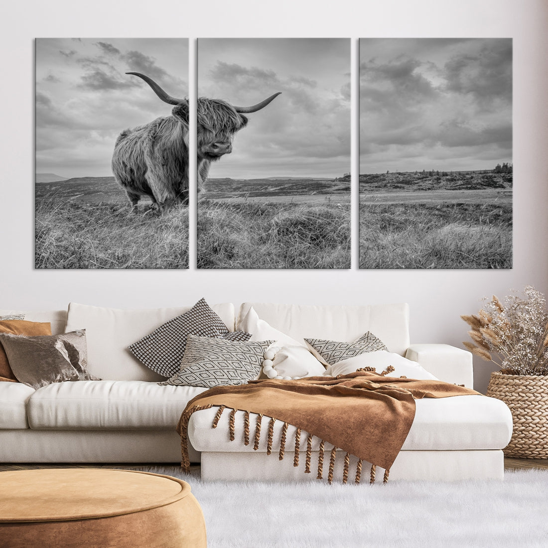 Grayscale Highland Cow Canvas Art Print Extra Large Animal Picture Print on Canvas