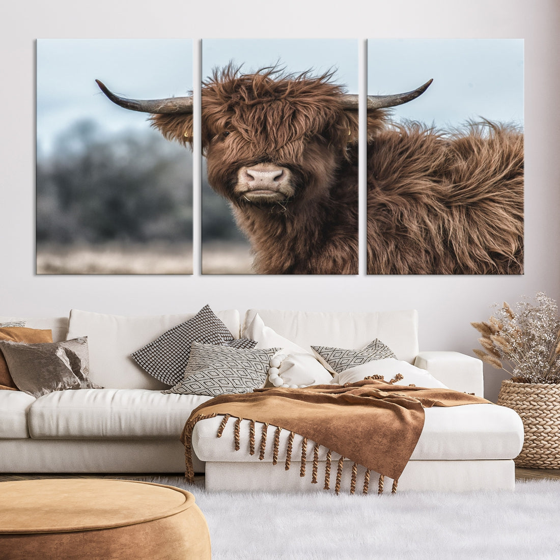 Fluffy Highland Cow Photograph Large Wall Art Canvas Print Cute Animals Picture Wall Decor Artwork for Living Room Farmhouse Printable Art Housewarming Gift Modern Home Art Decor