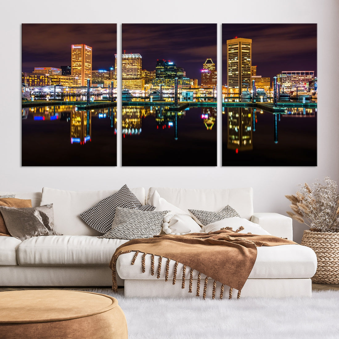 Baltimore City Night Skyline Purple Cityscape Large Wall Art Canvas Print