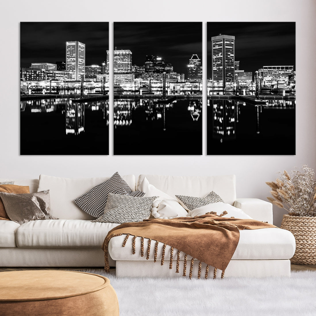 Black and White Baltimore Downtown Night Skyline Wall Art Cityscape Canvas Print