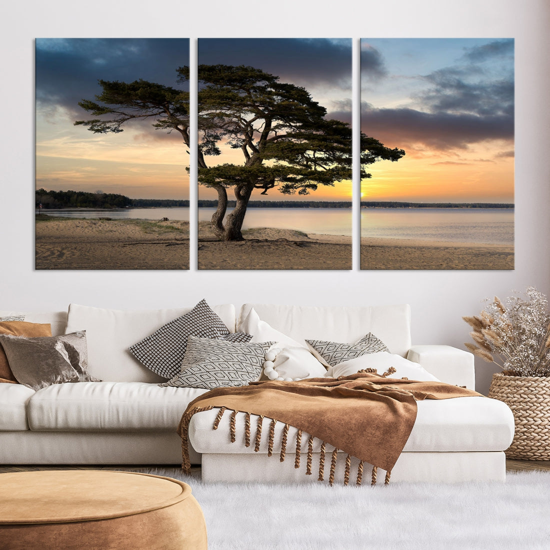 Big Tree Beach Coastal Sunset Wall Art Canvas Print Framed