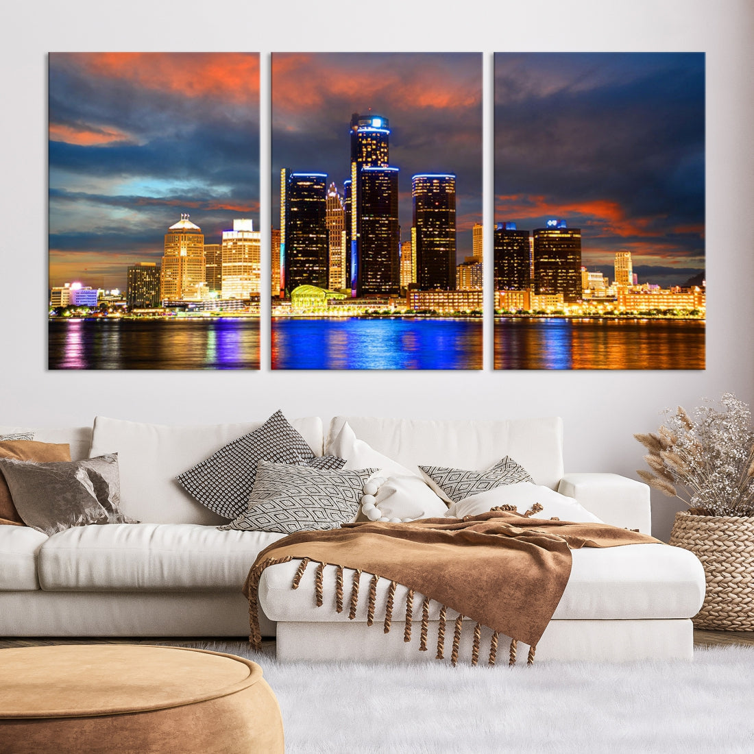 Bright Detroit Skyline Picture Print Skyline Wall Art Canvas Ready to Hang