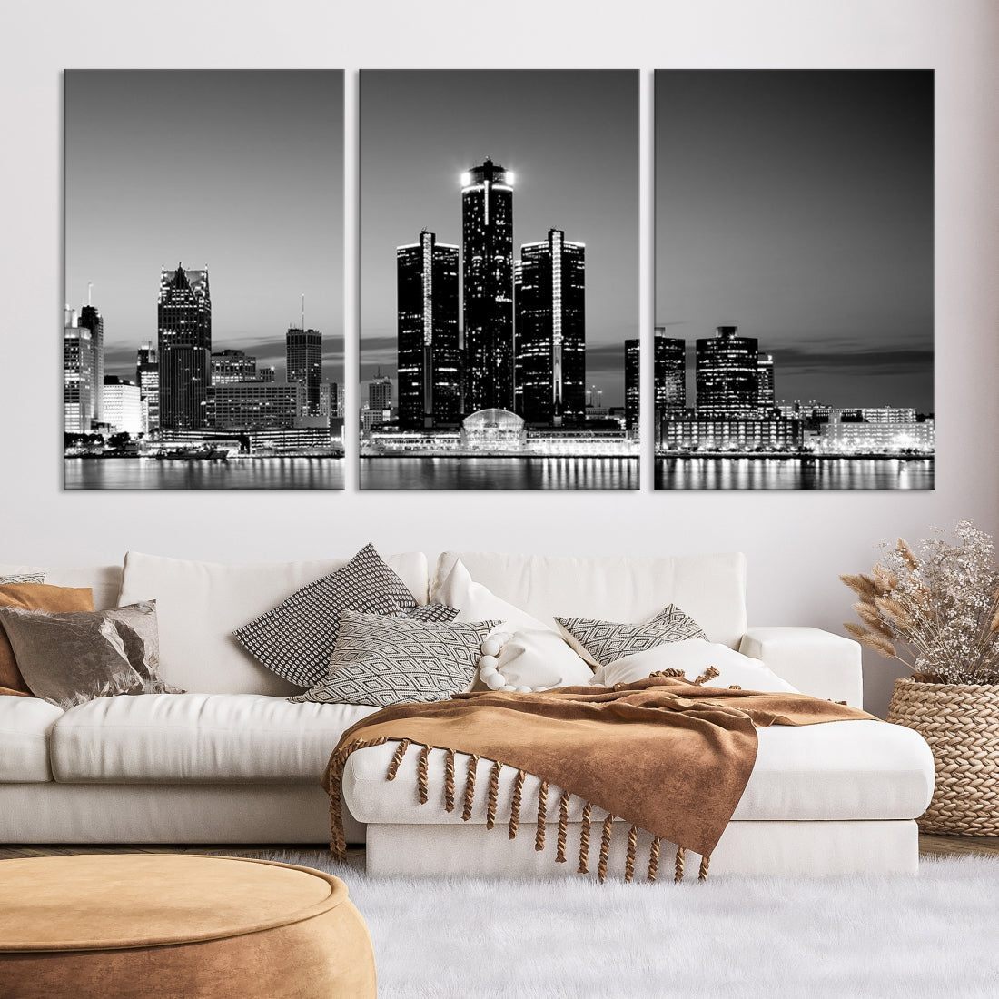 Extra Large Detroit Skyline Black and White Cityscape Wall Art Canvas Print