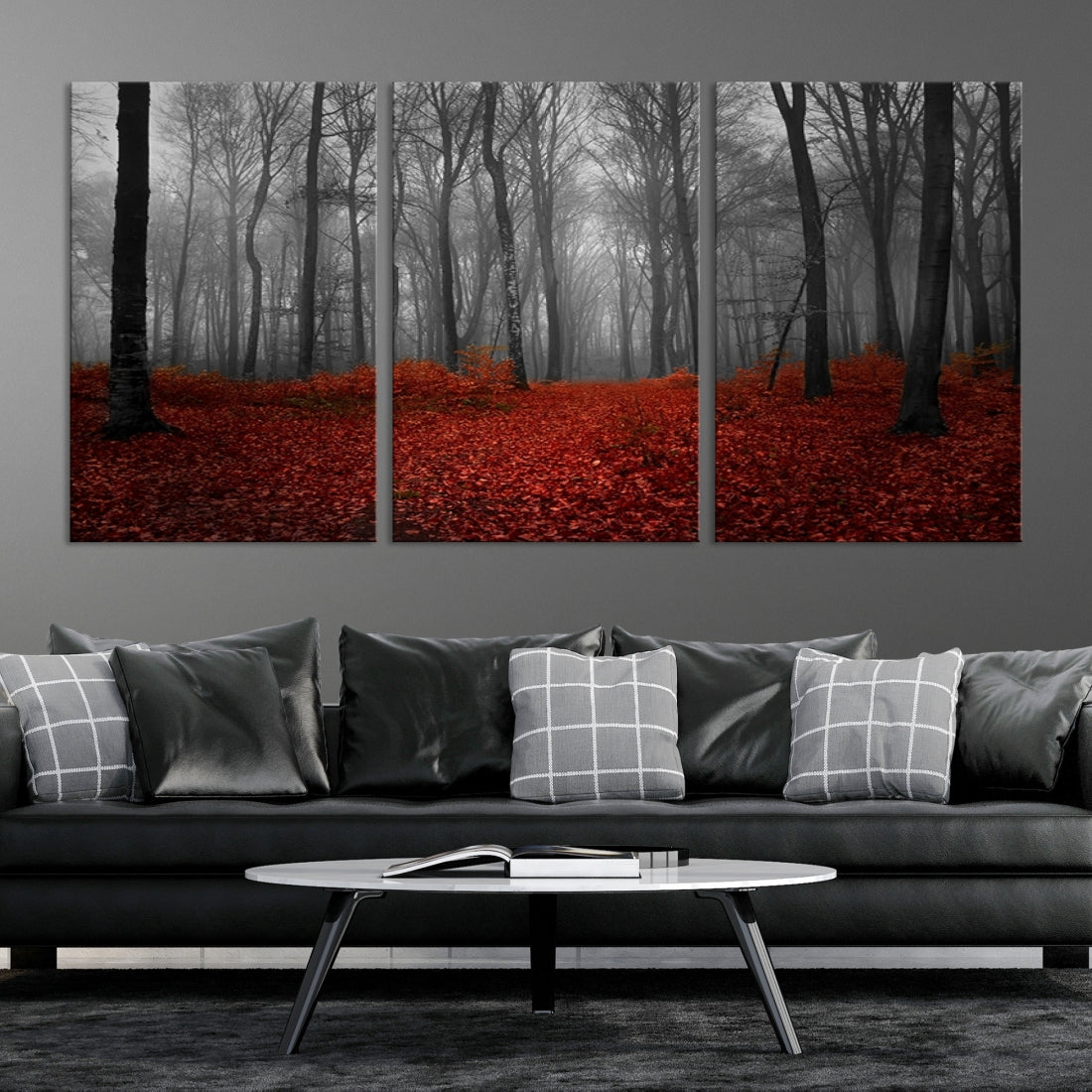 Foggy Forest with Red Leaves Autumn Landscape Giclee Canvas Extra Large Wall Art Print