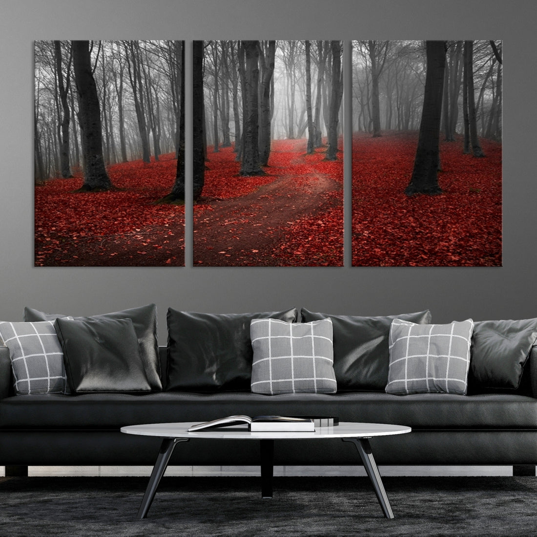 Wonderful Forest with Red Leaves on Ground Large Wall Art Landscape Canvas Print