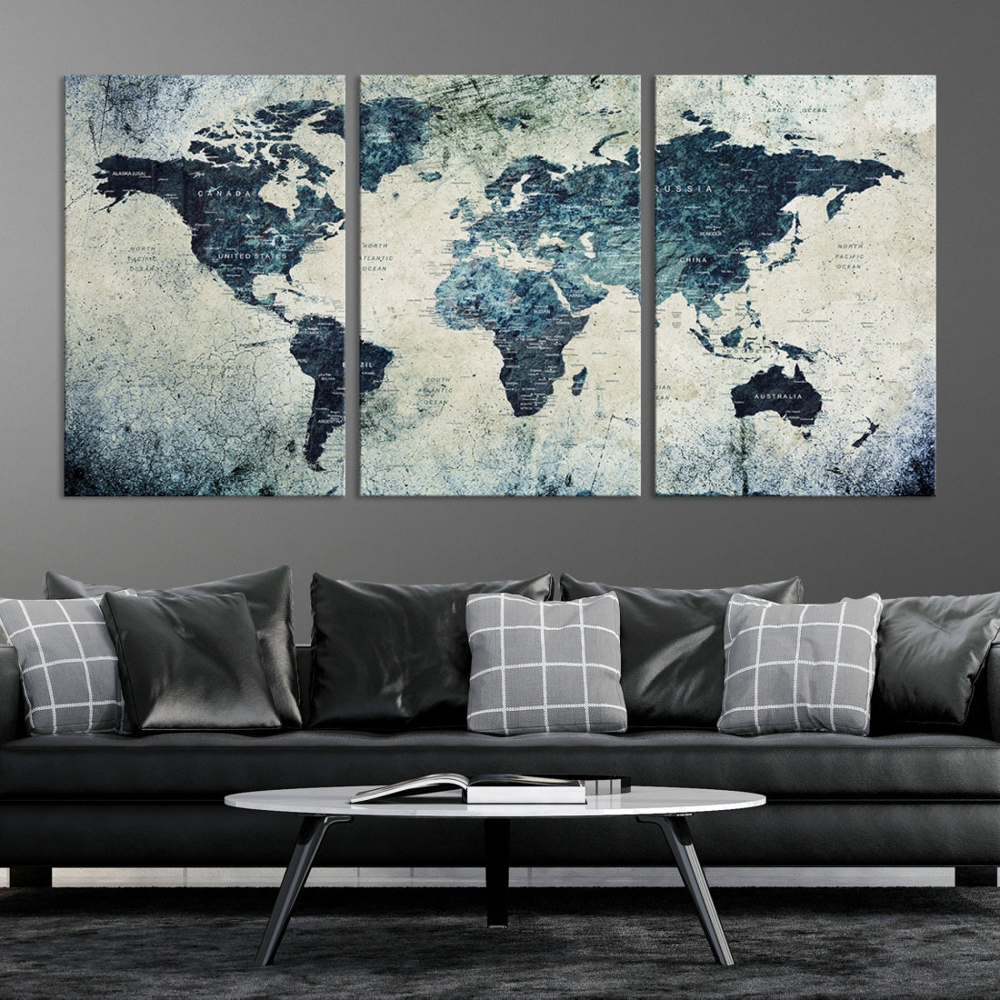 Extra Large World Map Wall Art Watercolor Painting on Canvas Print Grunge Vintage Decor