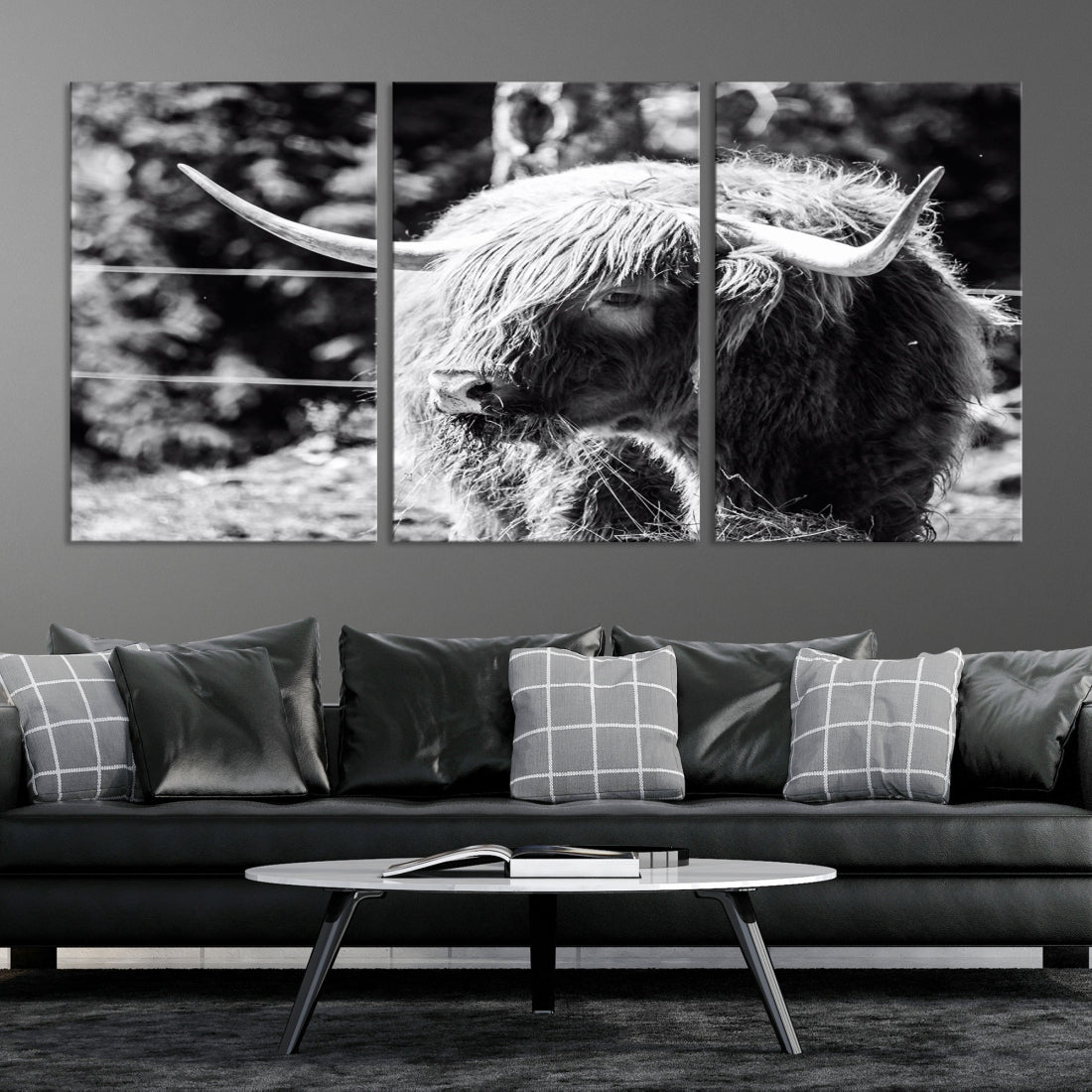 Black and White Highland Cow Canvas Wall Art Print Nature Photograph Canvas Art Large Cow Print Panel Canvas Set