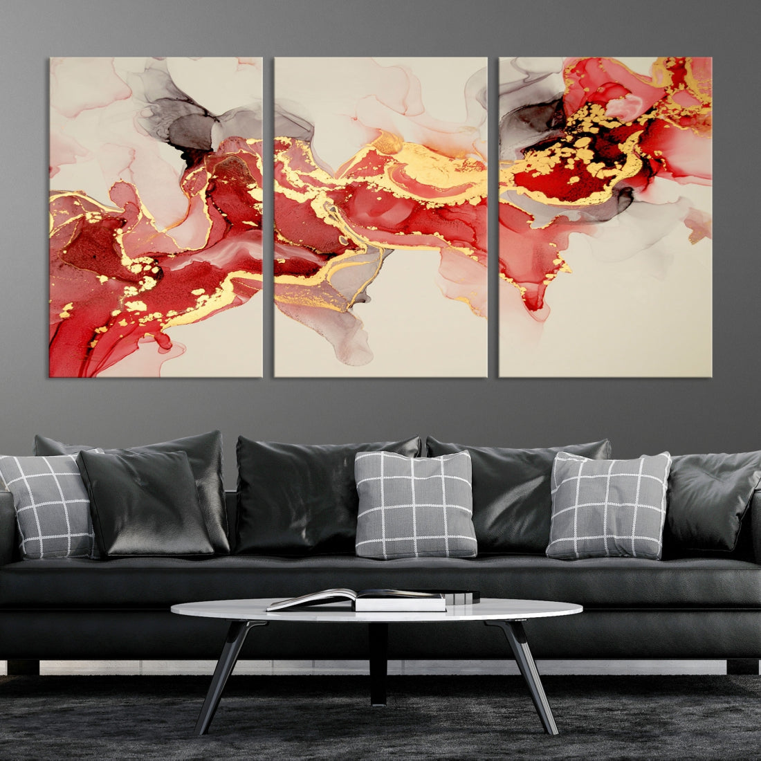 Contemporary Red Gold Abstract Painting on Canvas Print Framed Wall Decor