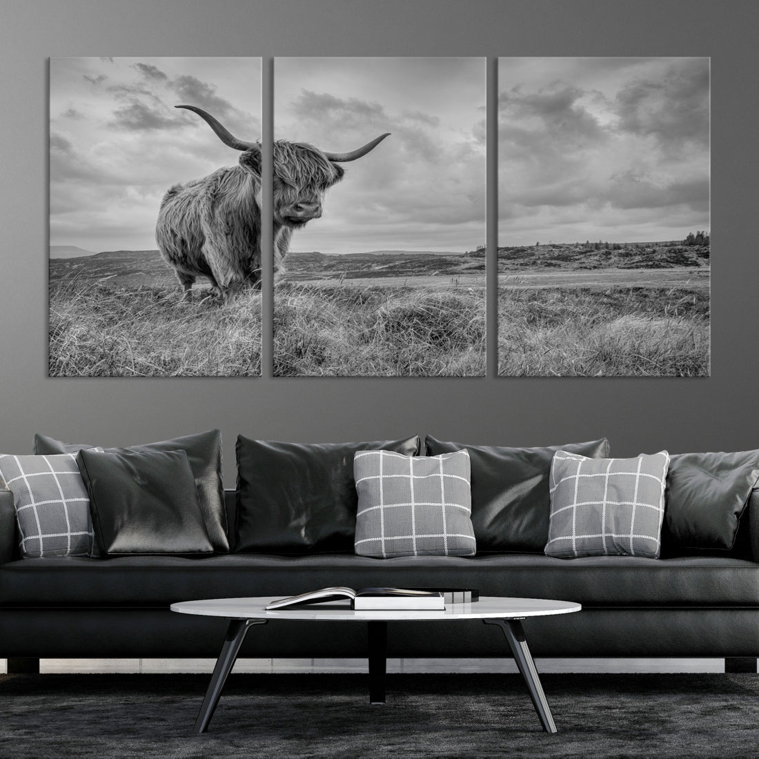 Grayscale Highland Cow Canvas Art Print Extra Large Animal Picture Print on Canvas