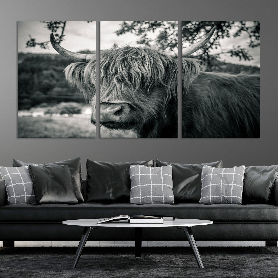 Beautiful Highland Cow Wall Art Large Canvas Print Black and White Wall Decor