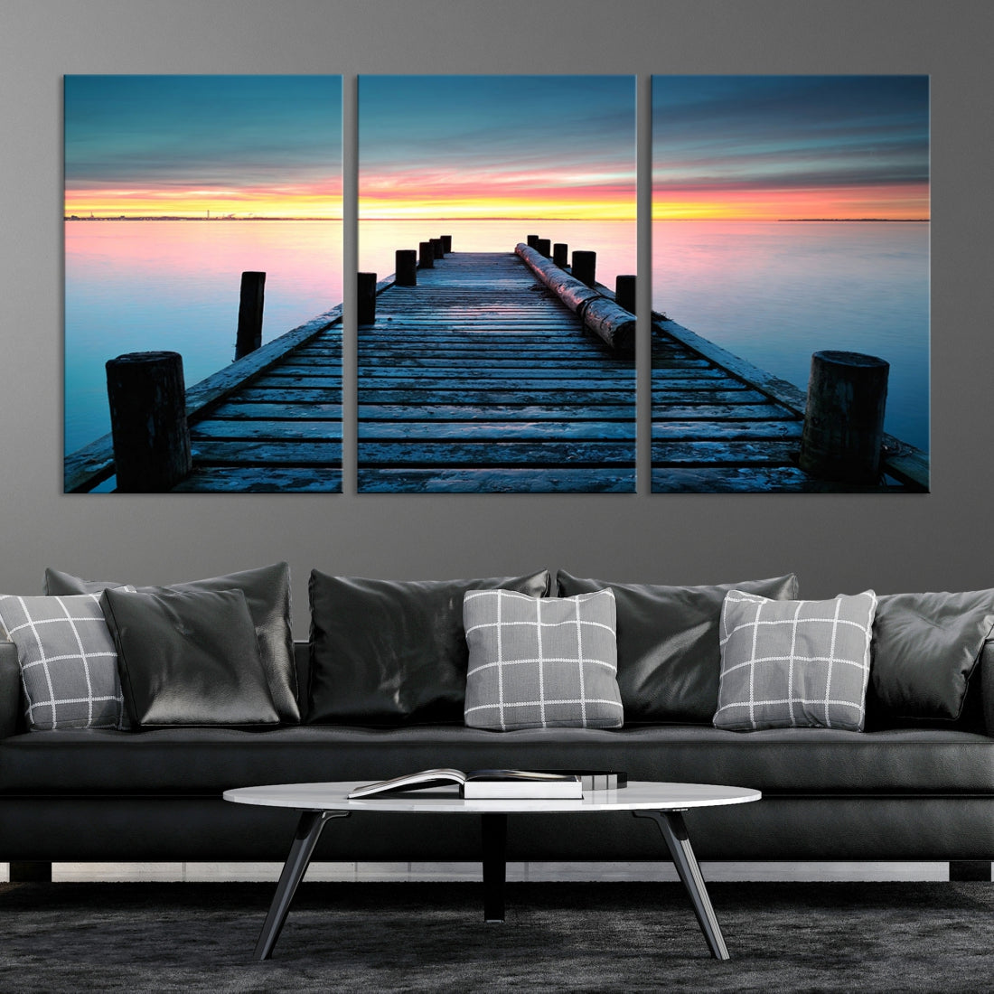 Fantastic Sunset over the Horizon Old Pier Seascape Ocean Wall Art Canvas Print