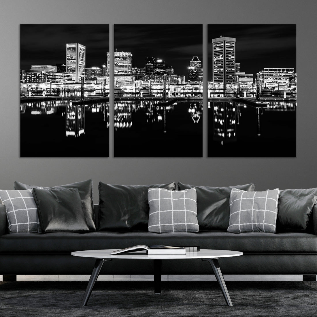 Black and White Baltimore Downtown Night Skyline Wall Art Cityscape Canvas Print