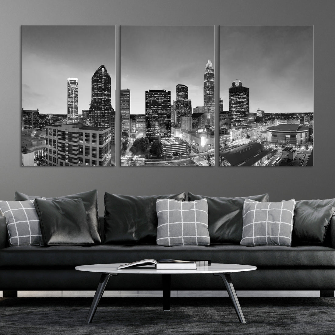 Aerial Charlotte City Skyline Wall Art Black and White Cityscape Canvas Print