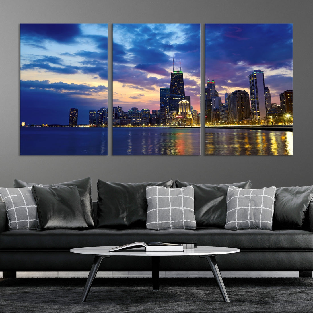 Blue Chicago Night Skyline Downtown Cityscape Large Wall Art Canvas Print