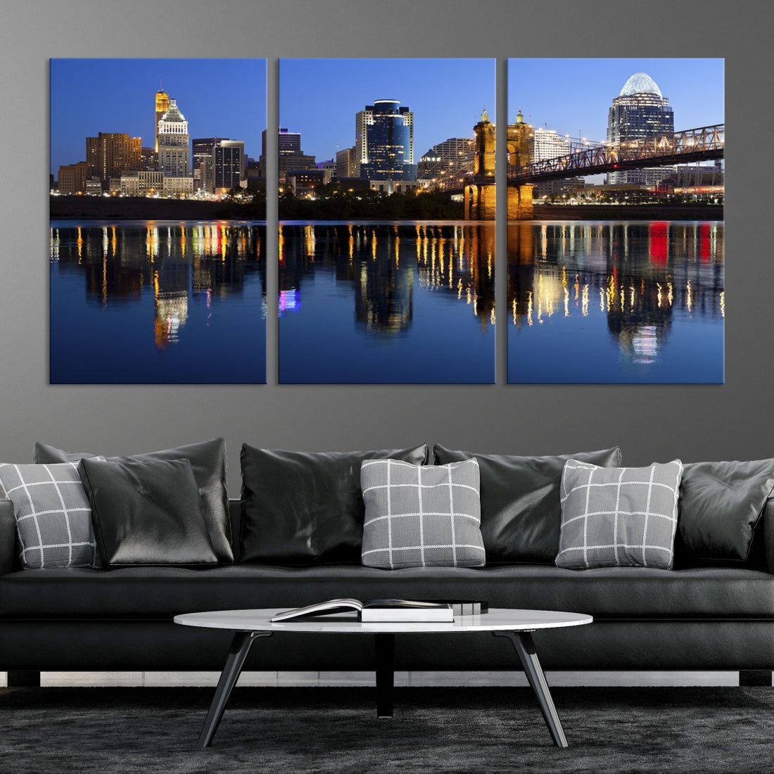 Cincinnati Night Skyline Reflections Large Cityscape Wall Art Canvas Print