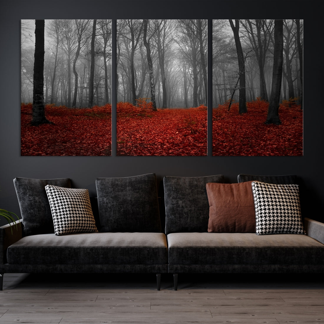 Foggy Forest with Red Leaves Autumn Landscape Giclee Canvas Extra Large Wall Art Print