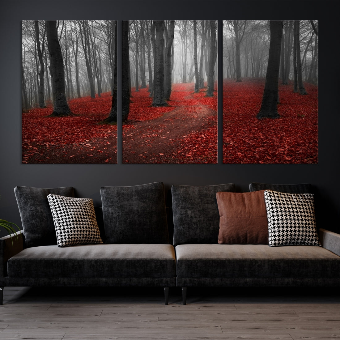 Wonderful Forest with Red Leaves on Ground Large Wall Art Landscape Canvas Print