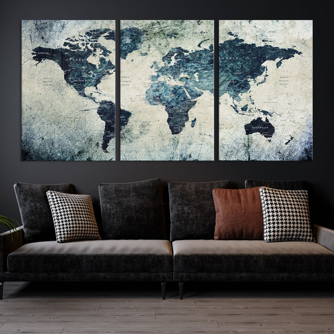 Extra Large World Map Wall Art Watercolor Painting on Canvas Print Grunge Vintage Decor