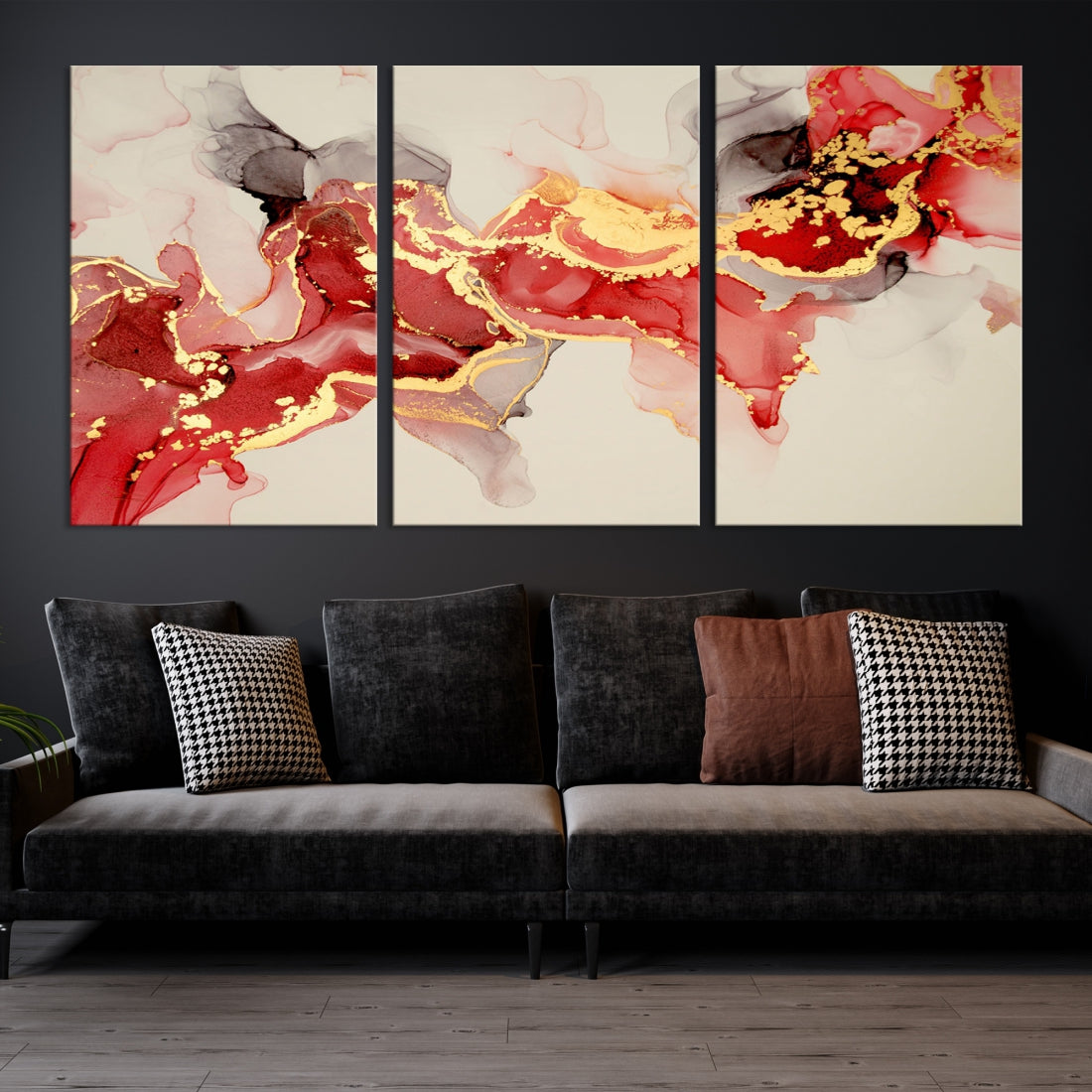 Contemporary Red Gold Abstract Painting on Canvas Print Framed Wall Decor