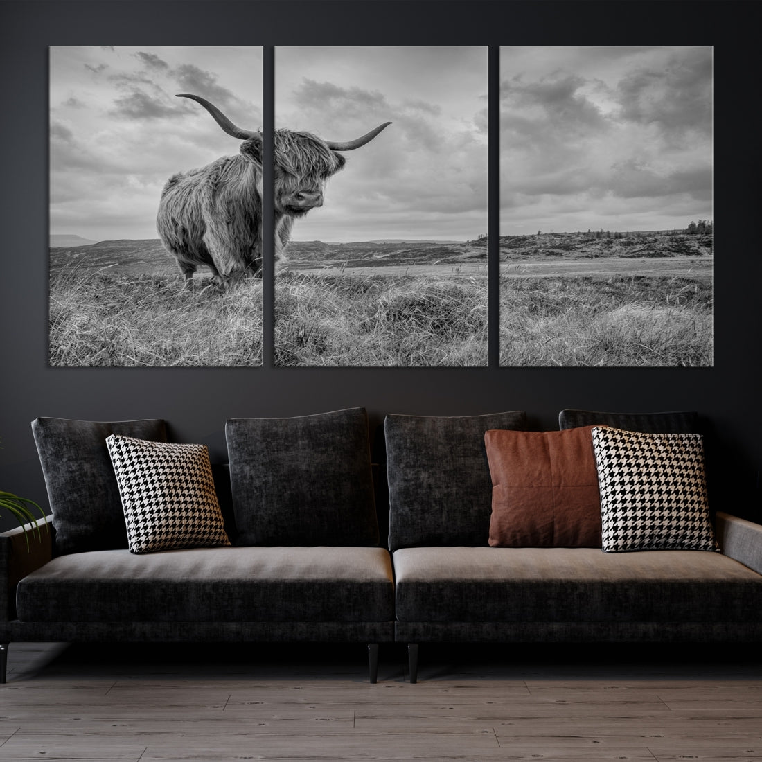 Grayscale Highland Cow Canvas Art Print Extra Large Animal Picture Print on Canvas