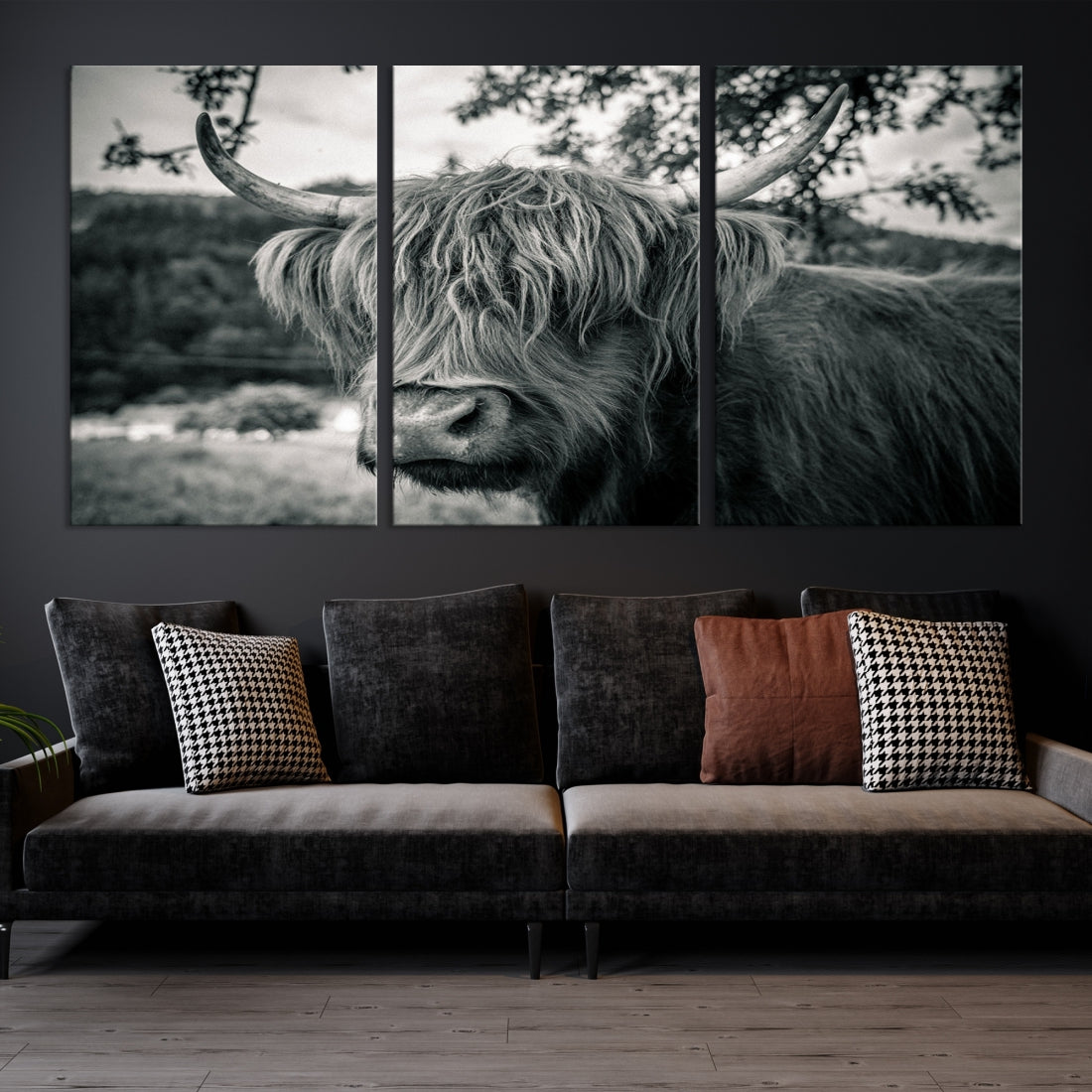 Beautiful Highland Cow Wall Art Large Canvas Print Black and White Wall Decor