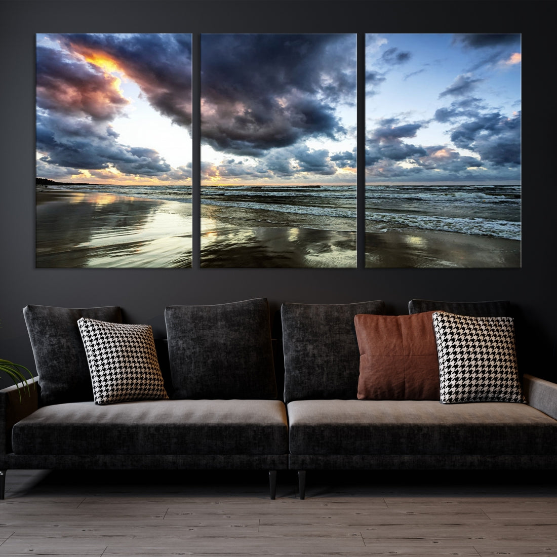 Cloudy Sky Calm Ocean Beach Nature Large Framed Canvas Art Print