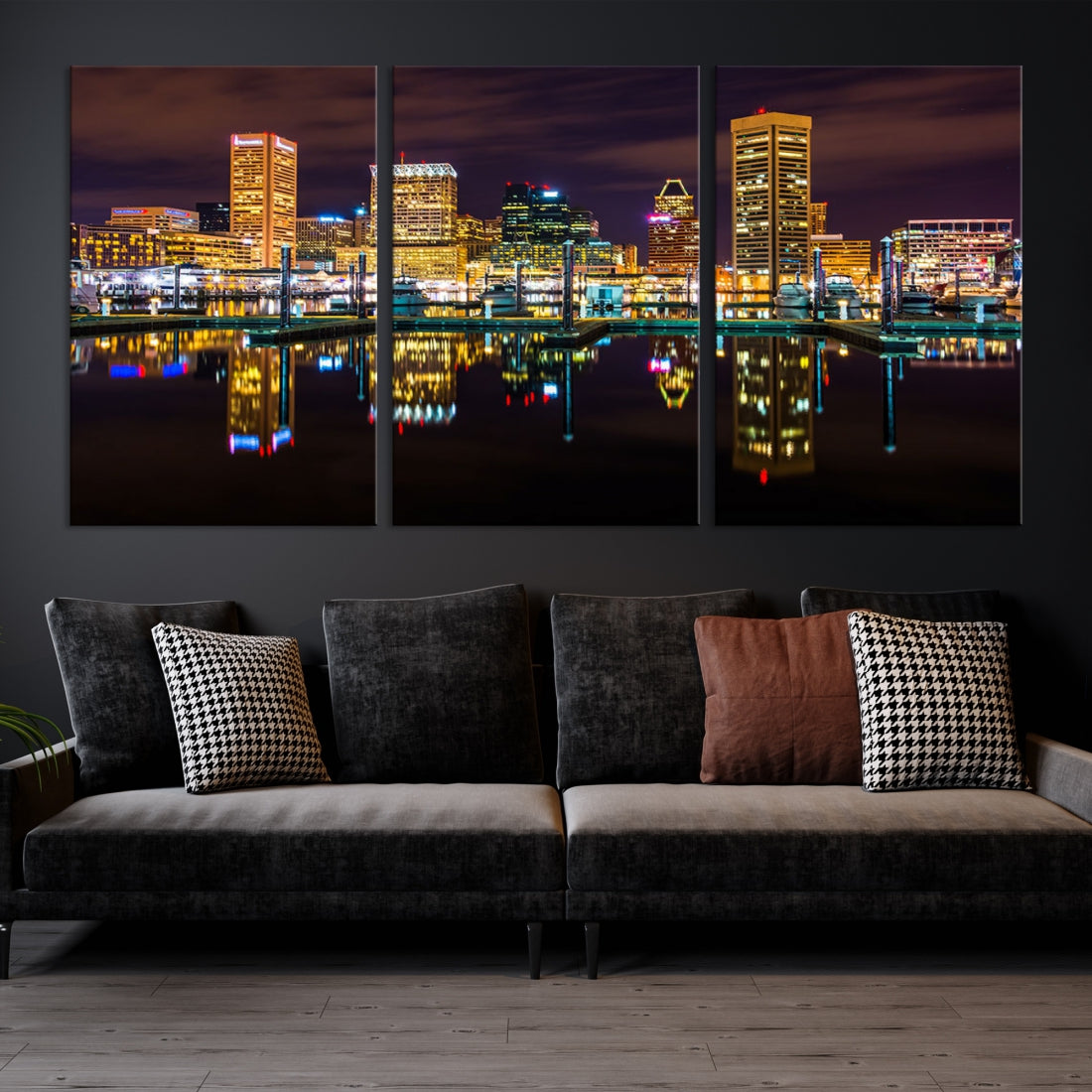 Baltimore City Night Skyline Purple Cityscape Large Wall Art Canvas Print