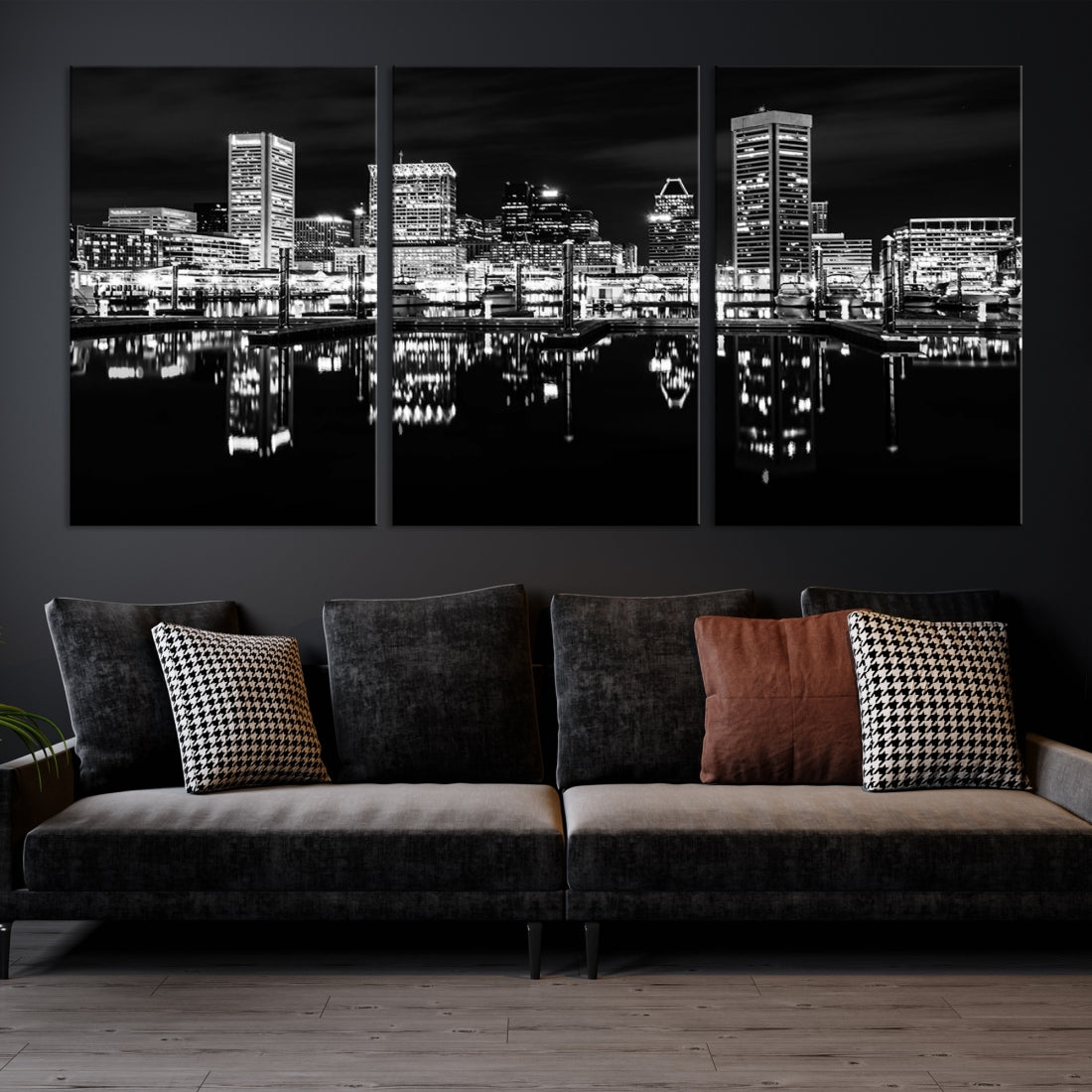 Black and White Baltimore Downtown Night Skyline Wall Art Cityscape Canvas Print