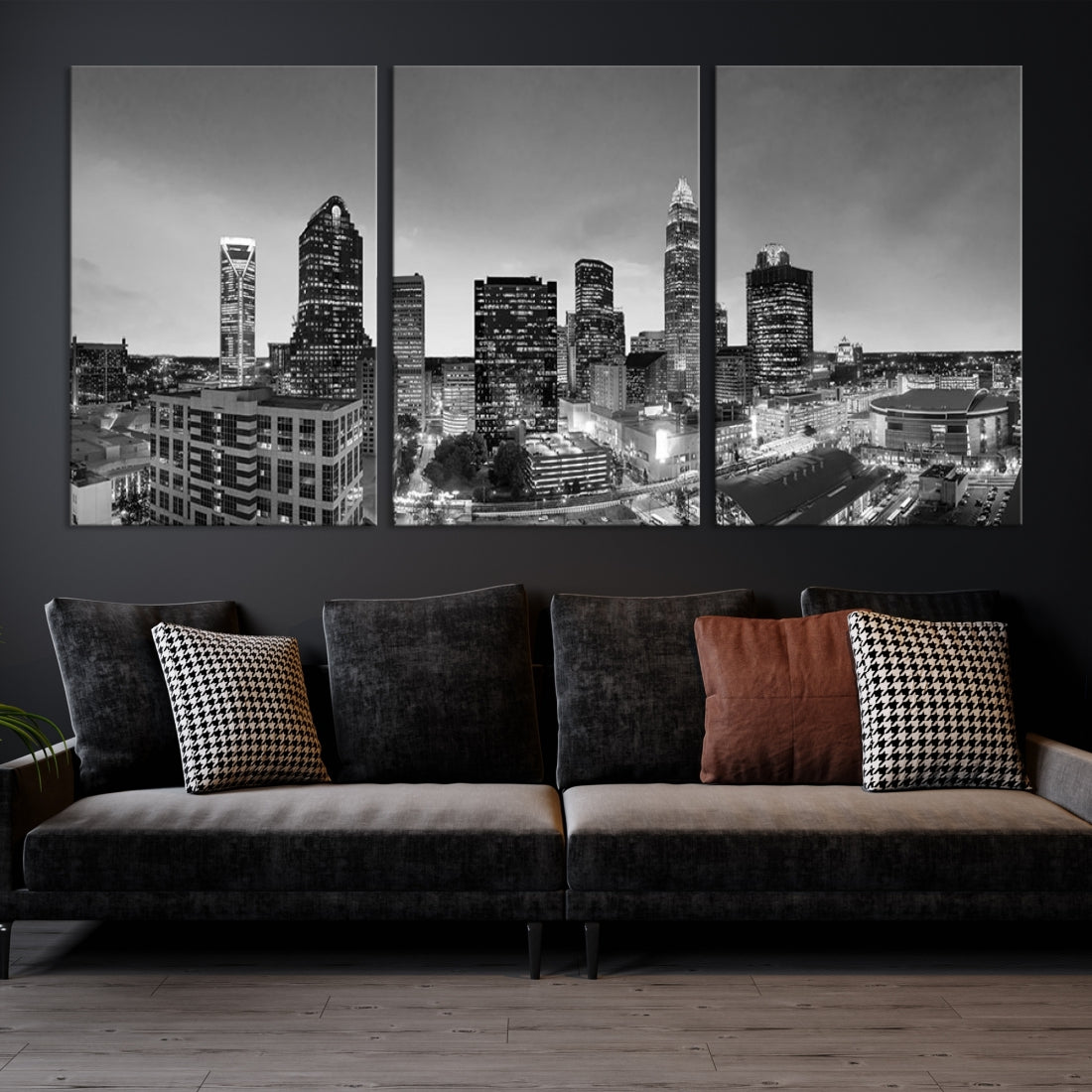 Aerial Charlotte City Skyline Wall Art Black and White Cityscape Canvas Print