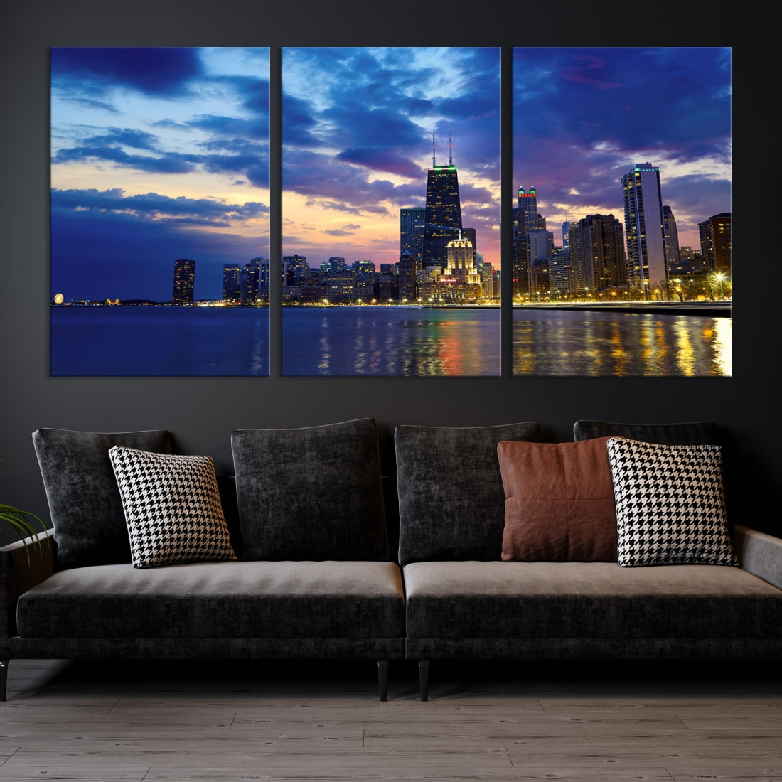 Blue Chicago Night Skyline Downtown Cityscape Large Wall Art Canvas Print